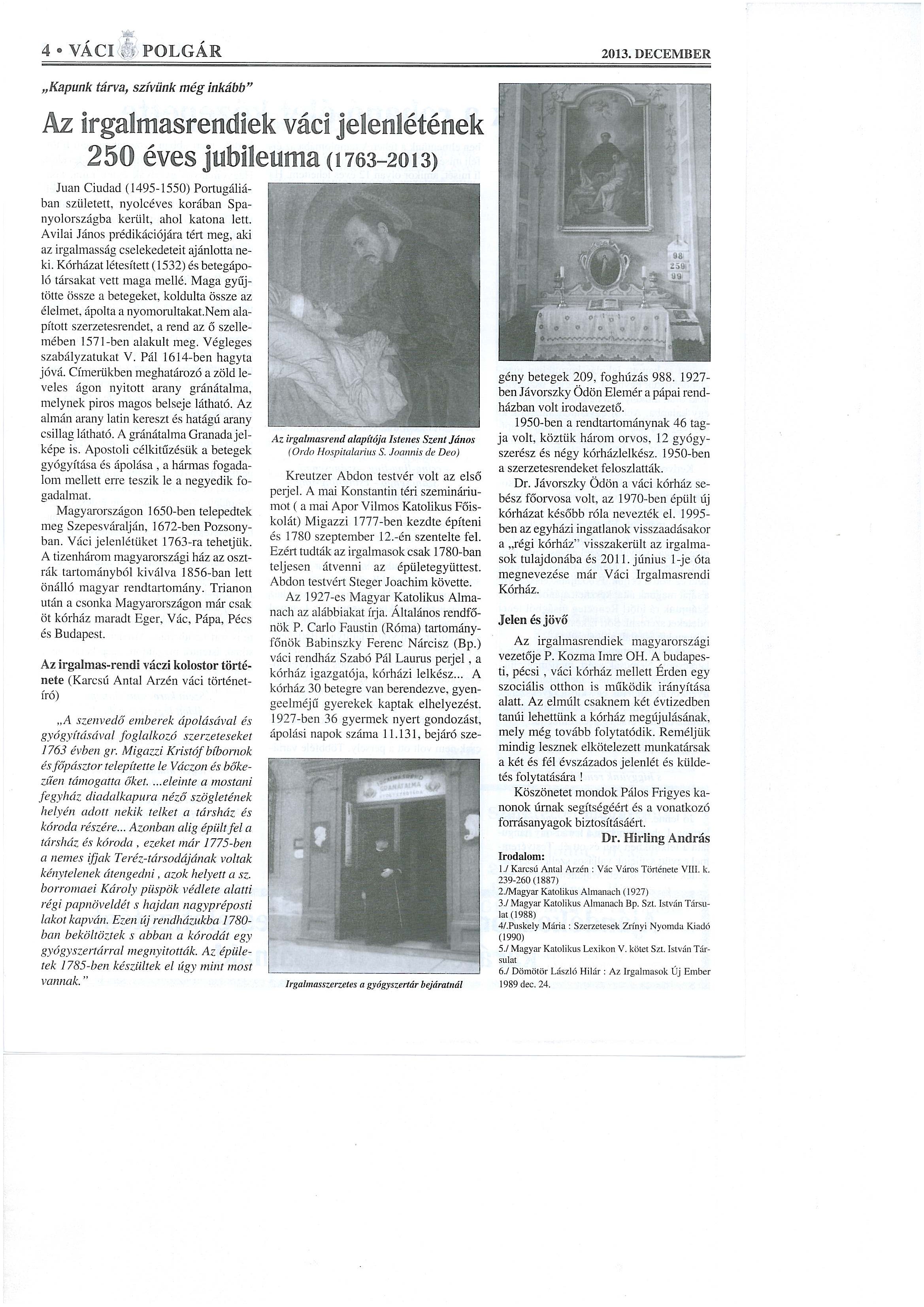 Az irgalmasrendiek váci jelenlétének 250 éves jubileuma